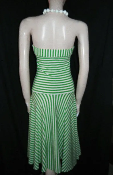 * ADORABLE MODA INTERNATIONAL STRAPLESS LIME & WHITE STRIPE SPANDEX BIAS-CUT DRESS