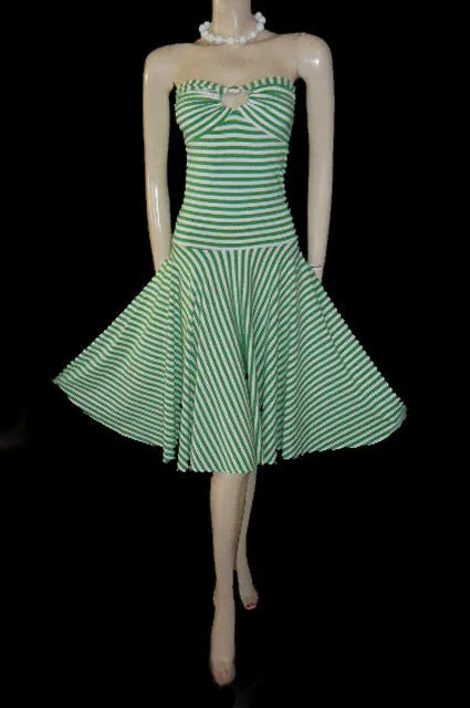 * ADORABLE MODA INTERNATIONAL STRAPLESS LIME & WHITE STRIPE SPANDEX BIAS-CUT DRESS