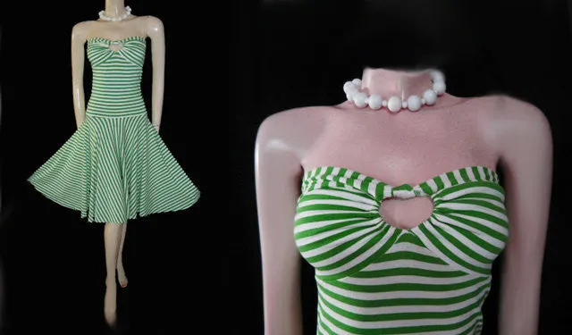 * ADORABLE MODA INTERNATIONAL STRAPLESS LIME & WHITE STRIPE SPANDEX BIAS-CUT DRESS