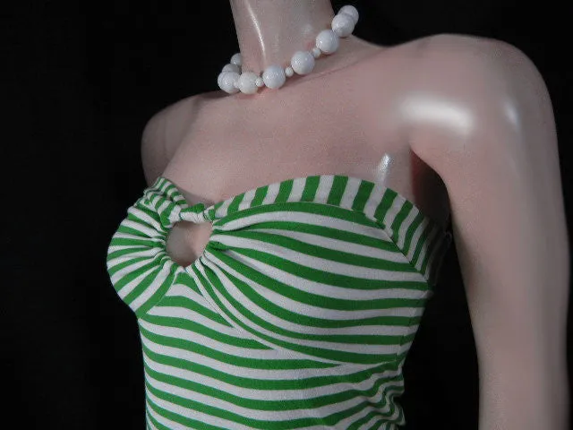 * ADORABLE MODA INTERNATIONAL STRAPLESS LIME & WHITE STRIPE SPANDEX BIAS-CUT DRESS