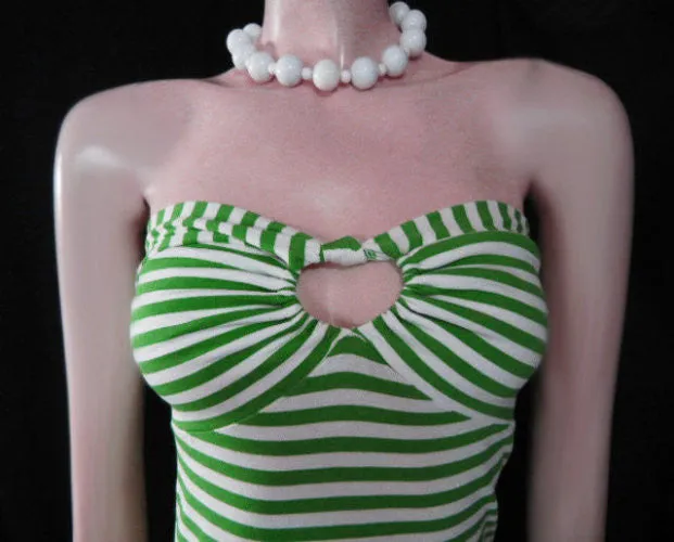 * ADORABLE MODA INTERNATIONAL STRAPLESS LIME & WHITE STRIPE SPANDEX BIAS-CUT DRESS