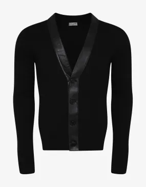 Black Cashmere Cardigan with Leather Trim