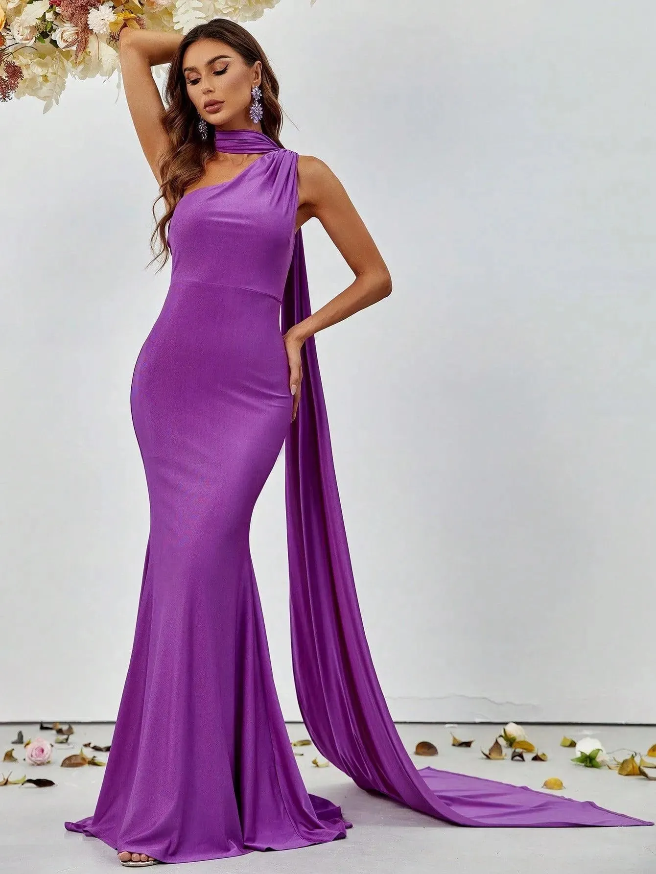 Elegant One Shoulder Ruched Draped Side Mermaid Party Dress