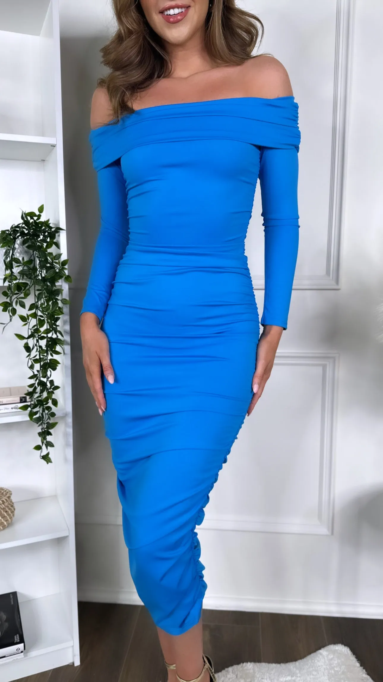 Emmeline Blue Off Shoulder Long Sleeve Midi Dress