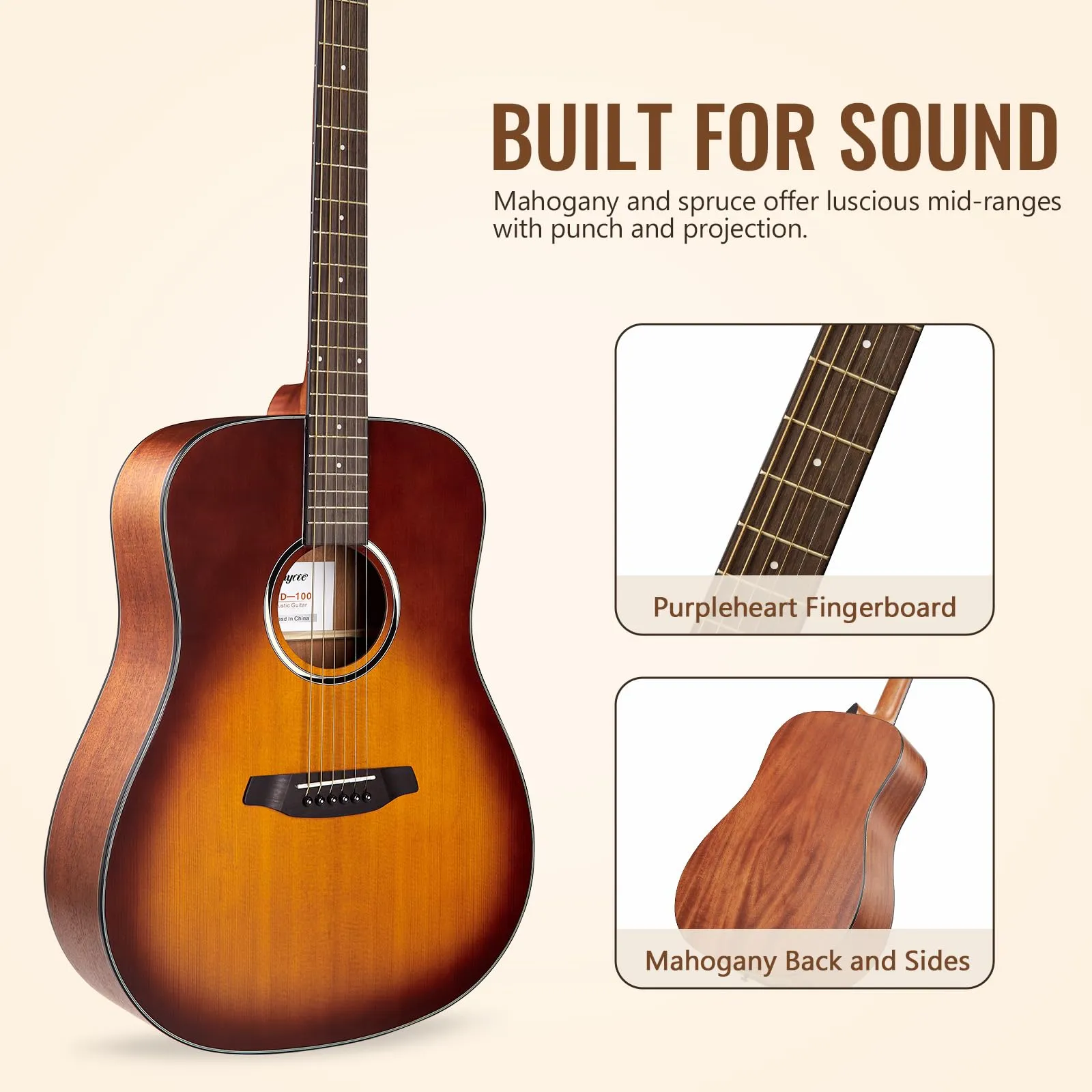 GARVEE Acoustic Guitar,41Acoustic Guitar Kit Full Size Dreadnought Acustica Guitarra Bundle for Beginner Adult Teen with Gig Bag, Tuner, Strap, Strings, Picks, Capos,Right Hand,Sunburst