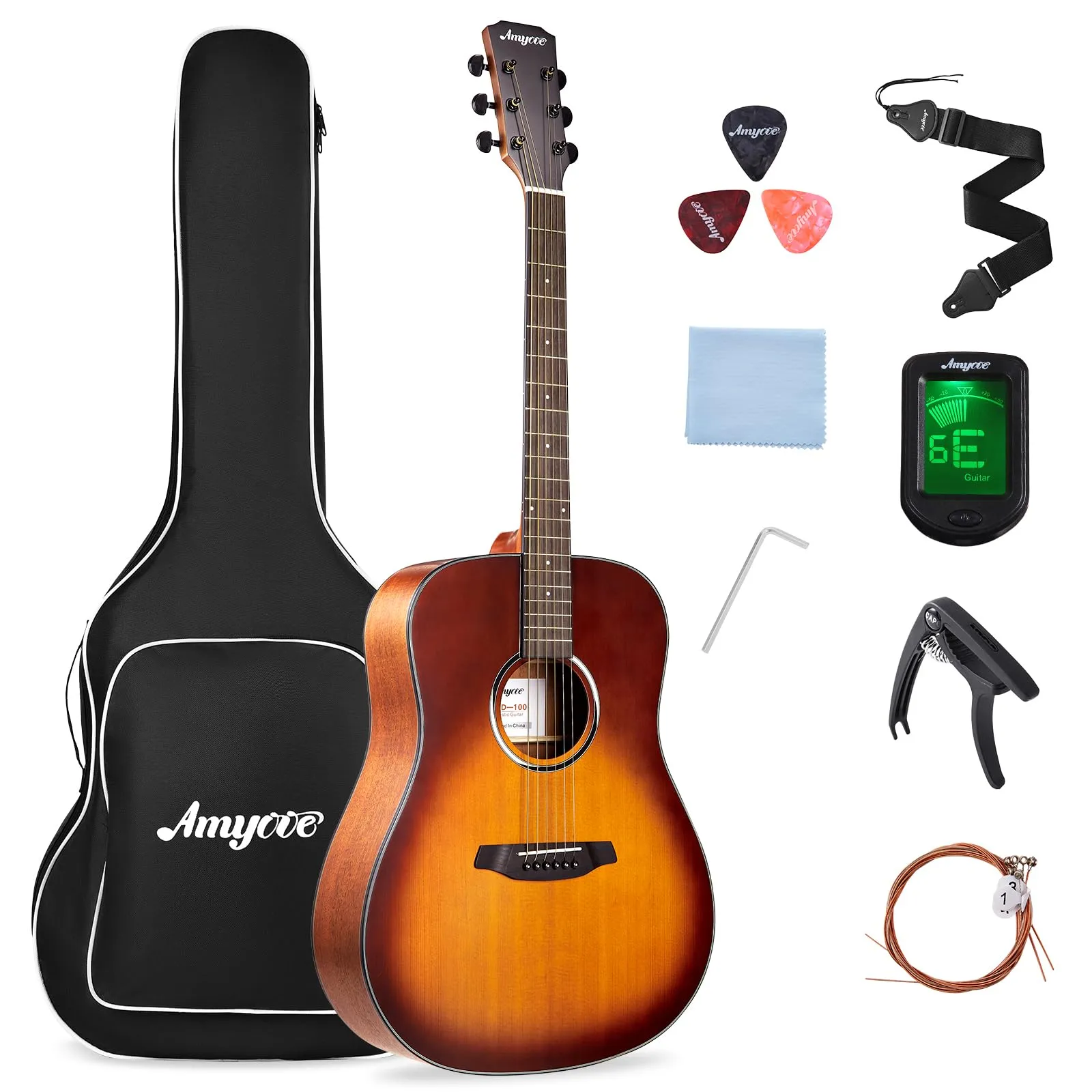 GARVEE Acoustic Guitar,41Acoustic Guitar Kit Full Size Dreadnought Acustica Guitarra Bundle for Beginner Adult Teen with Gig Bag, Tuner, Strap, Strings, Picks, Capos,Right Hand,Sunburst