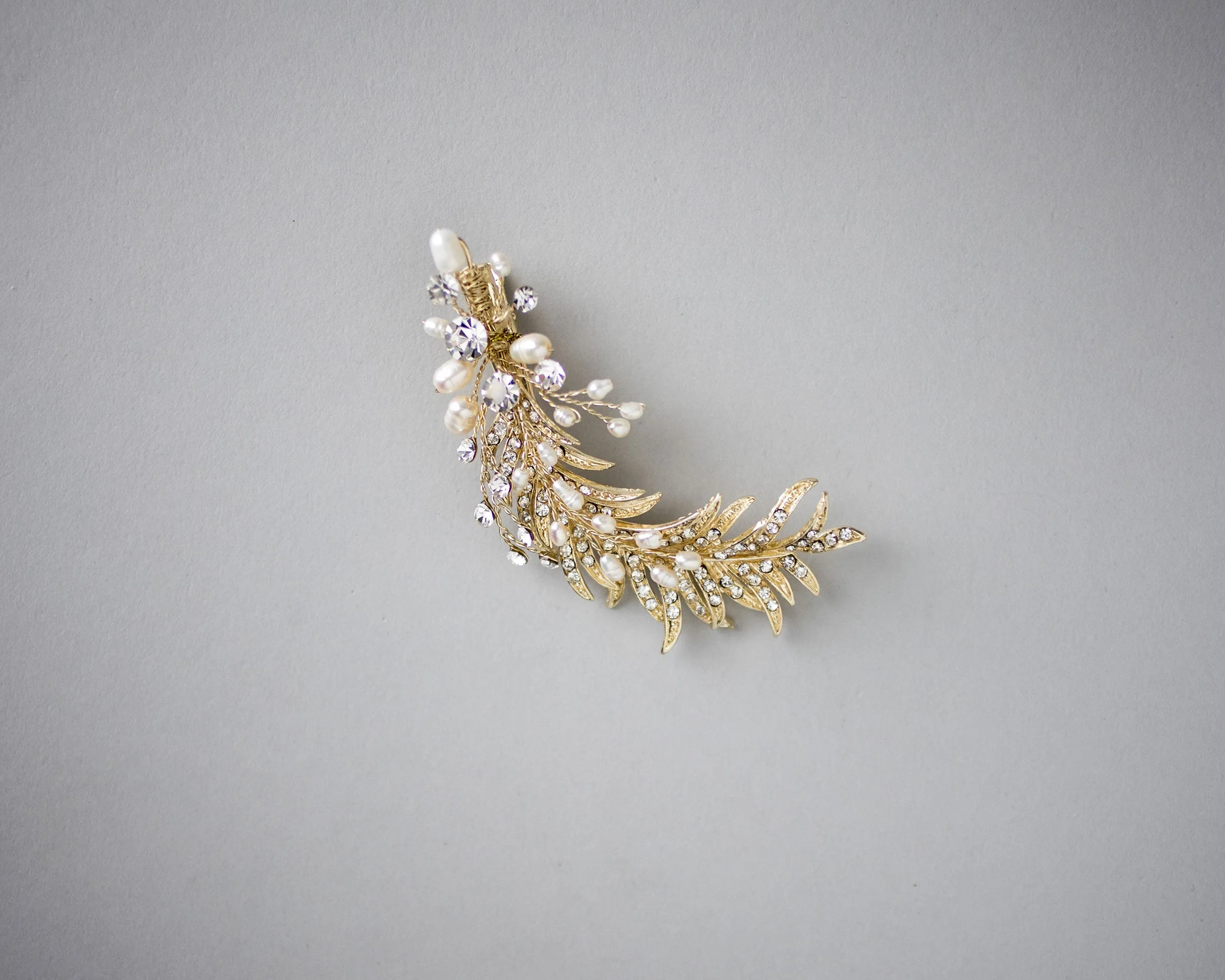 Light Gold Crystal Feather Hair Clip with Pearls