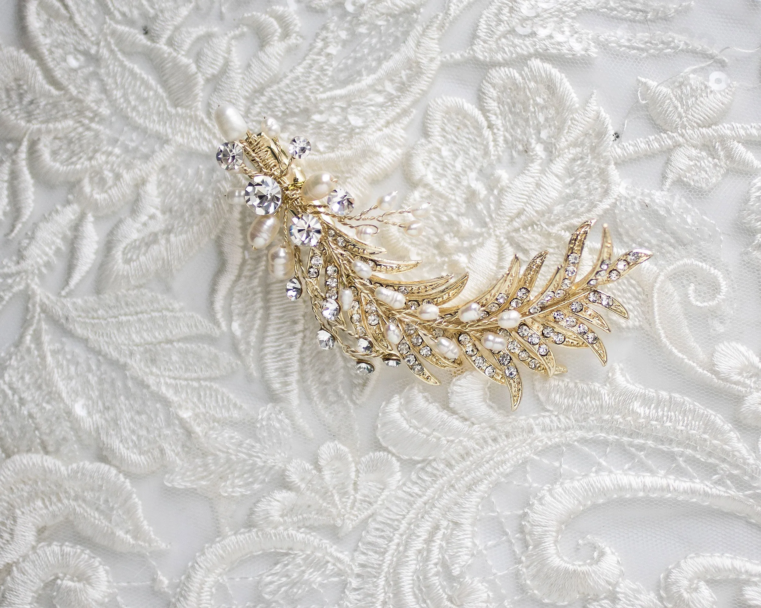 Light Gold Crystal Feather Hair Clip with Pearls