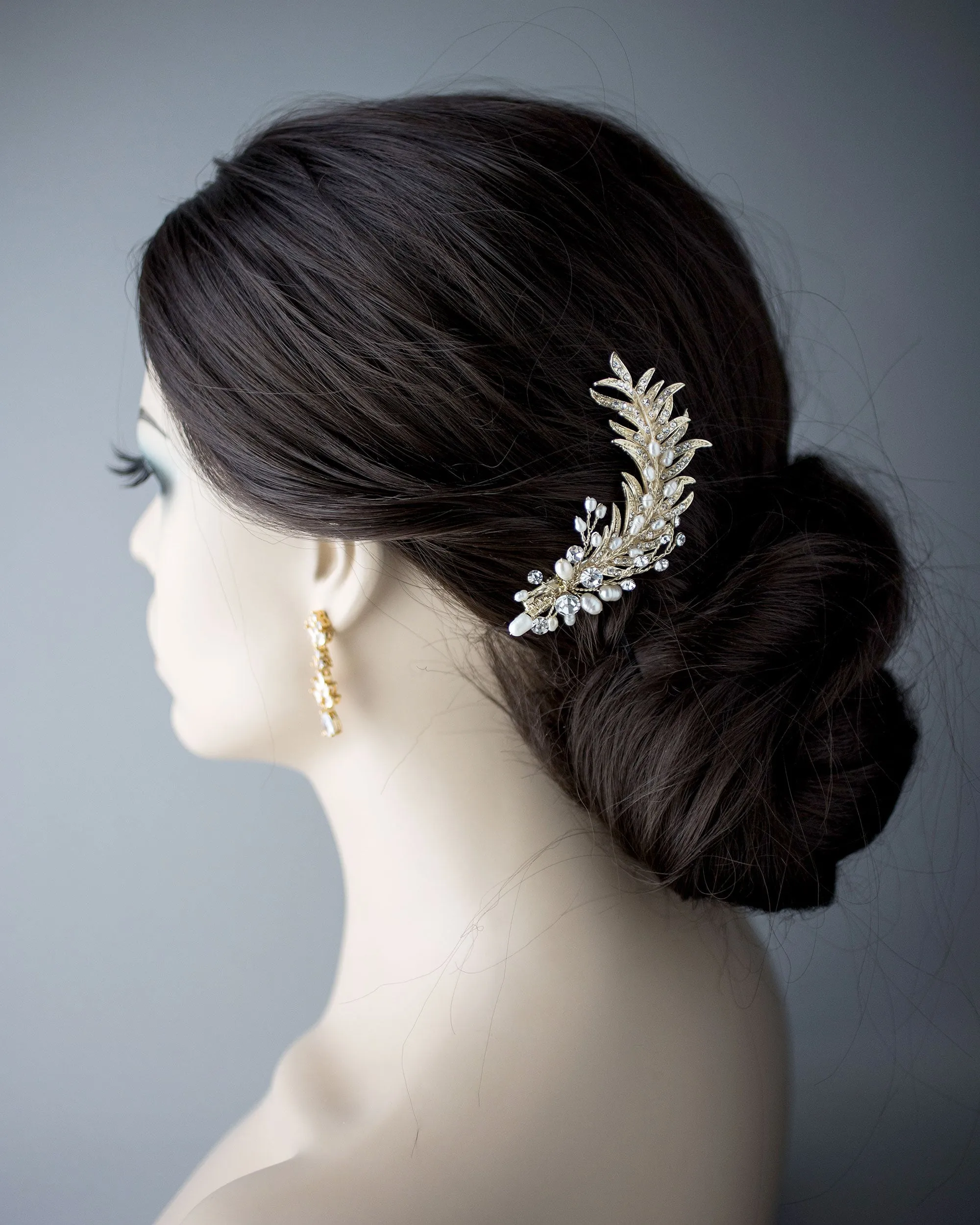 Light Gold Crystal Feather Hair Clip with Pearls