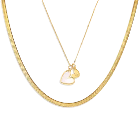 Mother Of Pearl Initial Heart & Herringbone Necklace Set