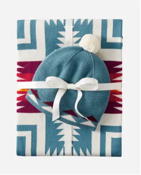 Organic Cotton Knit Baby Blanket w/ Beanie<br>Harding Teal