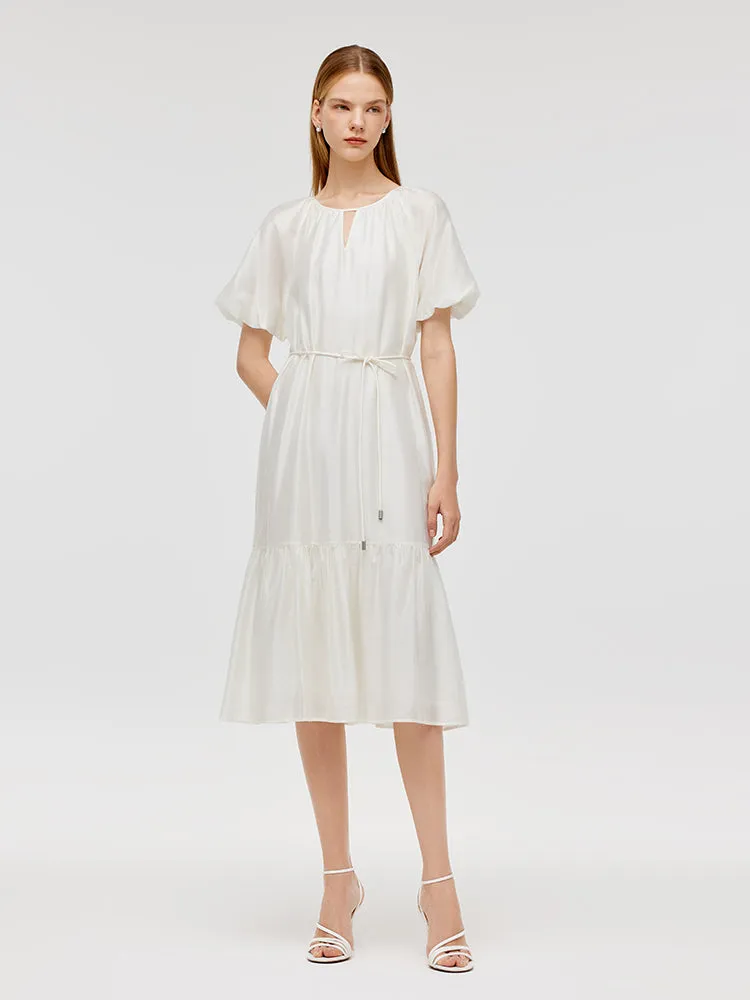 Puff Sleeves Ruffle Hem Women Midi Dress With String Belt