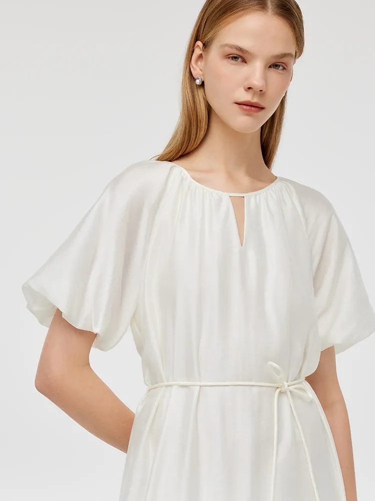 Puff Sleeves Ruffle Hem Women Midi Dress With String Belt