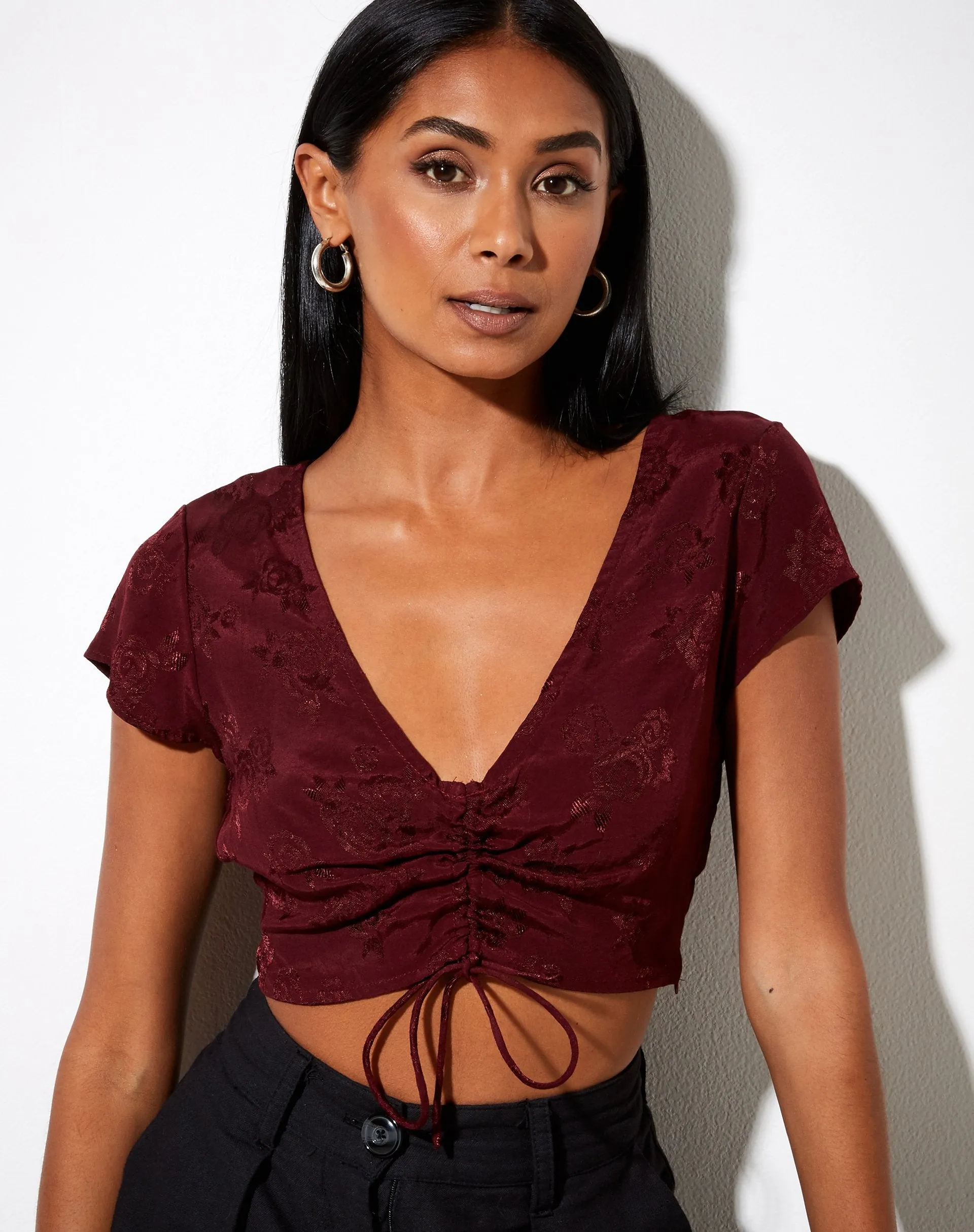 Raeto Crop Top in Satin Rose Burgundy