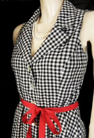 *VINTAGE-LOOK COLDWATER CREEK BLACK & WHITE CHECKED SWING DRESS WITH SCARLET RIBBON BELT