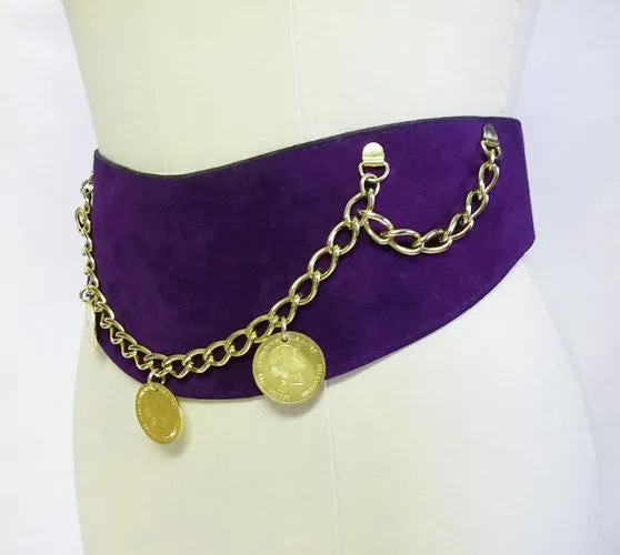 *VINTAGE PURPLE GENUINE SUEDE LEATHER GOLD CHAIN & COIN CONTOUR BELT