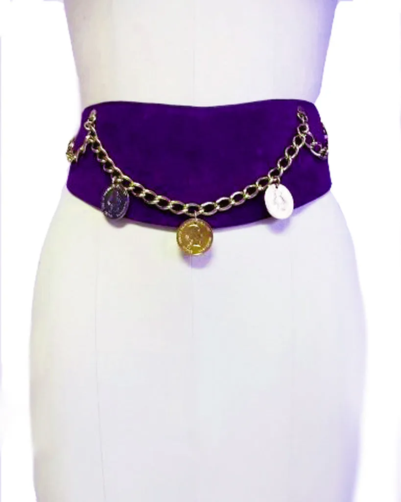 *VINTAGE PURPLE GENUINE SUEDE LEATHER GOLD CHAIN & COIN CONTOUR BELT