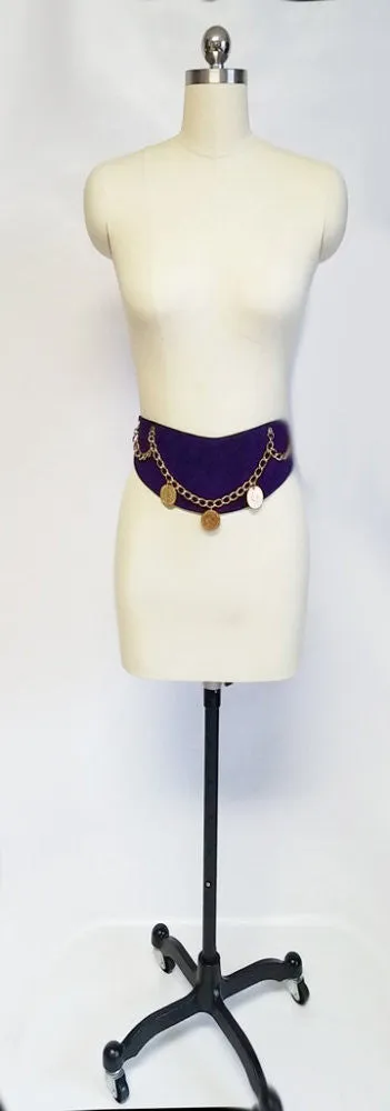 *VINTAGE PURPLE GENUINE SUEDE LEATHER GOLD CHAIN & COIN CONTOUR BELT