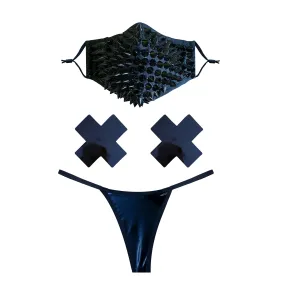 Wrath Black Stud Face Masks With Filter Pocket Pastie and Pantie Lingerie Set